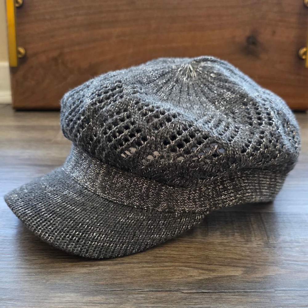 Vintage Style Gray Shiny Mesh Crochet Newsboy Cadet Cap Hat Slouchy Y2K FG173162
